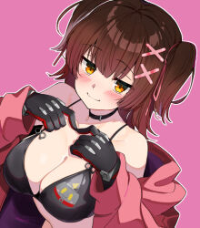 Rule 34 | 1girl, alternate costume, bikini, black bikini, blush, breasts, brown eyes, brown hair, choker, close-up, hair ornament, hololive, index fingers together, jacket, large breasts, long sleeves, looking at viewer, mechanical arms, pink background, pink jacket, roboco-san, simple background, smile, solo, swimsuit, twintails, upper body, virtual youtuber, x hair ornament, yuuzuki (re&#039;ef)