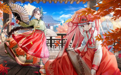 Rule 34 | 2boys, 3girls, architecture, autumn leaves, blue sky, braid, brown eyes, brown hair, cloud, day, east asian architecture, faceless, faceless male, fang, food fantasy, hairband, hand fan, hat, highres, instrument, japanese clothes, koto (instrument), long hair, looking at viewer, multiple boys, multiple girls, official art, open mouth, ponytail, popuru, red eyes, siblings, silver hair, sisters, sky, standing, wind