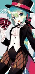 Rule 34 | 1girl, aqua hair, bad id, bad pixiv id, black hat, blouse, card, center frills, collared shirt, fishnet pantyhose, fishnets, frills, gloves, green eyes, hat, hatsune miku, headset, highres, long hair, magician, miracle paint (vocaloid), open mouth, panttwa, pantyhose, shirt, solo, thighhighs, top hat, very long hair, vocaloid, white shirt