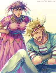 Rule 34 | 2boys, :d, artist name, battle tendency, blonde hair, caesar anthonio zeppeli, closed mouth, commentary request, crossdressing, crossed arms, dated, dress, dyresbroom, earrings, facial mark, feather hair ornament, feathers, hair ornament, hands on own hips, happy tears, headband, jewelry, jojo no kimyou na bouken, joseph joestar, joseph joestar (tequila), joseph joestar (young), laughing, leaning forward, lipstick, makeup, male focus, multiple boys, neck ring, necklace, open mouth, pink dress, purple hair, rouge (makeup), shirt, short hair, sitting, smile, striped clothes, striped shirt, sweat, taut clothes, taut dress, tearing up, tears