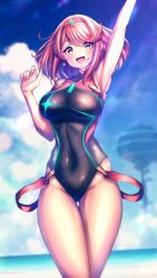 Rule 34 | 1girl, bad id, bad twitter id, black one-piece swimsuit, breasts, chest jewel, competition swimsuit, covered collarbone, covered navel, gem, hakusai (hksicabb), headpiece, highres, large breasts, one-piece swimsuit, pyra (pro swimmer) (xenoblade), pyra (xenoblade), red hair, red one-piece swimsuit, solo, strapless, strapless one-piece swimsuit, swept bangs, swimsuit, tiara, two-tone swimsuit, xenoblade chronicles (series), xenoblade chronicles 2