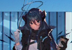 Rule 34 | 1girl, arknights, asymmetrical gloves, black gloves, black jacket, blue eyes, blue hair, buckle, coffee cup, commentary request, cup, demon horns, detached wings, disposable cup, fur-trimmed jacket, fur trim, gloves, grin, hair between eyes, halo, highres, holding, holding cup, horns, jacket, long hair, long sleeves, looking at viewer, mismatched gloves, mostima (arknights), shirt, smile, snap-fit buckle, solo, soukou makura, upper body, white gloves, white shirt, wings