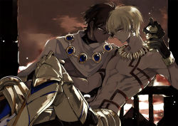 Rule 34 | 2boys, armor, blonde hair, cape, chalice, cup, dark-skinned male, dark skin, fate/grand order, fate/hollow ataraxia, fate/prototype, fate/prototype: fragments of blue and silver, fate (series), gilgamesh (fate), gloves, jewelry, male focus, multiple boys, necklace, ozymandias (fate), tattoo, topless male, zmore