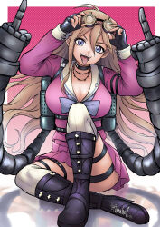 Rule 34 | 1girl, blonde hair, blue eyes, boots, breasts, cleavage, danganronpa (series), danganronpa v3: killing harmony, female focus, fingerless gloves, full body, gloves, goggles, goggles on head, highres, iruma miu, large breasts, long hair, looking at viewer, mechanical arms, middle finger, ravenhart, solo, thigh strap, tongue, tongue out