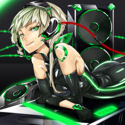 Rule 34 | 1girl, blonde hair, character request, elbow gloves, gloves, green eyes, headset, laio, looking back, solo, vocaloid, vocaloid append