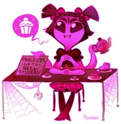 Rule 34 | 1girl, artist name, bug, cake, cake slice, crossed fingers, cup, doughnut, english text, extra arms, extra eyes, fangs, food, hair ornament, holding, holding sign, arthropod girl, interlocked fingers, monochrome, muffet, pastry, pombity, puffy short sleeves, puffy sleeves, short sleeves, sign, silk, sitting, smile, solo, speech bubble, spider, spider girl, spider web, table, teacup, teapot, undertale, unitard, white background