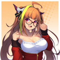Rule 34 | 1girl, :d, ahoge, blonde hair, blunt bangs, blush, bow, breasts, camisole, cleavage, dragon girl, dragon horns, glasses, hair bow, hair intakes, highres, hololive, horns, jacket, kiryu coco, kiryu coco (loungewear), large breasts, long hair, multicolored hair, open mouth, orange hair, partially unzipped, red eyes, red jacket, smile, solo, strap slip, track jacket, twintails, two-tone hair, v-shaped eyebrows, very long hair, virtual youtuber, white camisole, yorunaku tanishi