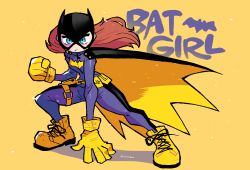 Rule 34 | 1girl, absurdres, barbara gordon, batgirl, batman (series), belt, blue eyes, bodysuit, boots, breasts, cape, character name, clenched hand, closed mouth, dc comics, flat color, frown, full body, gloves, hand on floor, highres, long hair, looking at viewer, mask, rariatto (ganguri), red hair, solo, superhero costume, twitter username, yellow background, yellow footwear