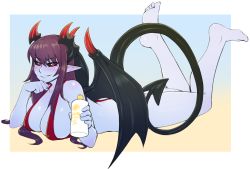 Rule 34 | 1girl, bare shoulders, barefoot, black sclera, blue skin, blush, breasts, colored sclera, colored skin, commentary, commission, demon (monster girl encyclopedia), demon girl, demon horns, demon tail, demon wings, english commentary, eyes visible through hair, feet, feet up, full body, highres, horns, ittla, large breasts, long hair, looking at viewer, lotion, lying, monster girl encyclopedia, on stomach, one-piece swimsuit, parted lips, pointy ears, purple hair, red eyes, red one-piece swimsuit, slingshot swimsuit, smile, smirk, soles, solo, sunscreen, swimsuit, tail, the pose, wings