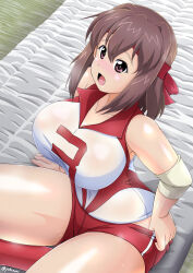 Rule 34 | 1girl, breasts, brown eyes, brown hair, cleavage, clothes pull, collarbone, covered navel, elbow pads, girls und panzer, headband, highres, kondou taeko, large breasts, open mouth, red headband, red shorts, shirt, short hair, short shorts, shorts, shorts pull, sitting, sleeveless, sleeveless shirt, solo, sportswear, thick thighs, thighs, twitter username, volleyball uniform, yohinori