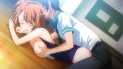 Rule 34 | 1boy, 1girl, ad lib, aorio, grabbing another&#039;s breast, breast press, breasts, breasts out, brown hair, closed eyes, functionally nude, game cg, grabbing, hair ornament, hairclip, hetero, lying, nipples, nonomura maki, on floor, on stomach, school swimsuit, short hair, side ponytail, swimsuit, watanabe yoshihiro