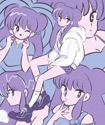 Rule 34 | 1girl, artist request, bad id, bad twitter id, blue shirt, breasts, cleavage, commentary, english commentary, from side, hand on own face, hood, hoodie, long hair, long sleeves, looking at viewer, looking to the side, multiple views, profile, purple footwear, purple hair, ranma 1/2, shampoo (ranma 1/2), shirt, short sleeves, very long hair, white hoodie