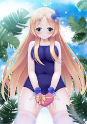 Rule 34 | 1girl, alternate costume, blonde hair, blue eyes, blue one-piece swimsuit, blush, box, breasts, covered navel, fengli (709622571), from below, hair ornament, heart-shaped box, highres, large breasts, long hair, one-piece swimsuit, saratoga (warship girls r), school swimsuit, sidelocks, smile, swimsuit, thighhighs, valentine, warship girls r, wet, wet clothes, white thighhighs