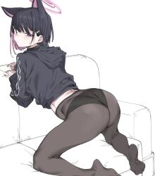 Rule 34 | 1girl, animal ears, ass, black hair, black jacket, black panties, black pantyhose, blue archive, cat ears, closed mouth, colored inner hair, couch, from behind, hair ornament, hairclip, halo, highres, hood, hood down, hooded jacket, jacket, kazusa (blue archive), multicolored hair, no shoes, panties, pantyhose, pink eyes, pink hair, short hair, simple background, sleeves past wrists, solo, underwear, urec, white background