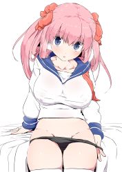 Rule 34 | 1girl, black panties, blue eyes, blue sailor collar, bow, breasts, collarbone, commentary request, covered erect nipples, groin, hair bow, haramura nodoka, large breasts, looking at viewer, medium hair, panties, pink hair, red bow, sailor collar, saki (manga), school uniform, short hair, simple background, sitting, solo, thighhighs, tottotonero, underwear, white background, white thighhighs