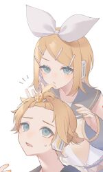 Rule 34 | 1boy, 1girl, aqua eyes, bare shoulders, blonde girl (sumiyao), blonde hair, bow, brother and sister, detached sleeves, food, food-themed hair ornament, fruit, hair bobbles, hair bow, hair ornament, hairclip, half-closed eyes, headphones, headset, highres, kagamine len, kagamine rin, looking up, neckerchief, open mouth, orange (fruit), orange hair ornament, playing with another&#039;s hair, sailor collar, serious, shirt, short hair, short ponytail, shorts, siblings, sleeveless, sleeveless shirt, suiri (suiri 02), surprised, sweatdrop, twins, vocaloid, white bow, worried, yellow nails, yellow neckerchief