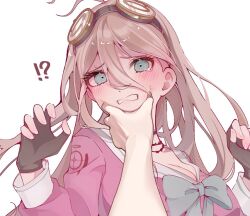 Rule 34 | !?, 1girl, antenna hair, blonde hair, bow, bowtie, breasts, brown gloves, cleavage, danganronpa (series), danganronpa v3: killing harmony, fingerless gloves, gloves, goggles, goggles on head, grey eyes, hair between eyes, hand on another&#039;s chin, hands up, iruma miu, large breasts, long hair, pink bow, pink bowtie, pink shirt, rize (rize0420), sailor collar, shirt, simple background, solo focus, upper body, white background