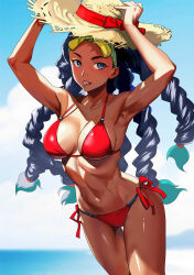 Rule 34 | 1girl, armpits, beach, bikini, breasts, cleavage, dark-skinned female, dark skin, gradient hair, hat, highres, kimberly jackson, large breasts, looking to the side, medium breasts, multicolored hair, navel, ocean, quad braids, red bikini, solo, stomach, straw hat, street fighter, street fighter 6, swimsuit, thigh gap, tongue, tongue out, yagi (joe731842)