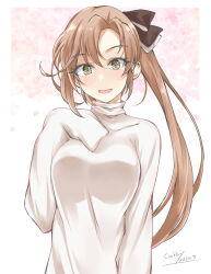 Rule 34 | 1girl, akigumo (kancolle), alternate costume, artist name, blue eyes, blush, breasts, brown eyes, brown hair, commentary request, dated, floral print, gakky, grey sweater, highres, kantai collection, long hair, long sleeves, looking at viewer, medium breasts, one-hour drawing challenge, open mouth, ponytail, simple background, smile, solo, sweater, upper body