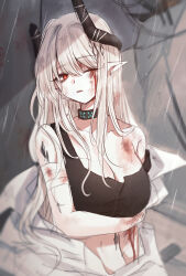 Rule 34 | 1girl, arknights, arm under breasts, armpit crease, bandaged arm, bandages, bare shoulders, black collar, black horns, black sports bra, blood, blood on arm, blood on breasts, blood on face, bloody bandages, blurry, blurry background, breasts, broken horn, bruise, bruised eye, cleavage, collar, collarbone, depth of field, hair between eyes, hair intakes, hair ornament, highres, horns, hyeroin, infection monitor (arknights), injury, large breasts, long hair, looking to the side, material growth, midriff, mudrock (arknights), mudrock (elite ii) (arknights), navel, off shoulder, one eye closed, open clothes, open mouth, oripathy lesion (arknights), pointy ears, rain, red eyes, sketch, solo, sports bra, tearing up, upper body, white hair