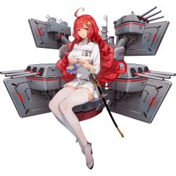 Rule 34 | 1girl, ahoge, aircraft, artist request, black surge night, breasts, closed mouth, clothing cutout, hair ornament, holding, large breasts, long hair, long sleeves, medal, north carolina (black surge night), official art, paintbrush, red hair, rigging, sheath, sheathed, sitting, skirt, solo, star (symbol), star hair ornament, sword, thighhighs, transparent background, underboob, underboob cutout, weapon, white skirt, white thighhighs
