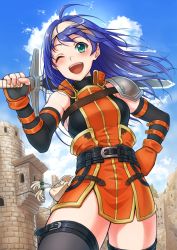 Rule 34 | 1girl, ahoge, armor, belt pouch, black gloves, black thighhighs, blue hair, bodysuit, bodysuit under clothes, breasts, cloud, cloudy sky, coat, cowboy shot, day, elbow gloves, fingerless gloves, fire emblem, fire emblem: path of radiance, fire emblem: radiant dawn, gloves, green eyes, hand on own hip, headband, long hair, looking at viewer, medium breasts, mia (fire emblem), nintendo, one eye closed, open mouth, orange gloves, outdoors, over shoulder, pouch, shoulder armor, sky, smile, solo, soyo2106, sword, thighhighs, weapon, weapon over shoulder, wind, zettai ryouiki