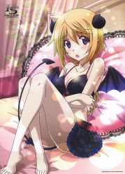 Rule 34 | 1girl, absurdres, barefoot, bed, bikini, bikini top only, blush, breasts, charlotte dunois, cleavage, crossed arms, feet, highres, horns, infinite stratos, long hair, microskirt, no panties, official art, open mouth, pillow, purple eyes, sitting, skirt, swimsuit, tagme, tail, wings