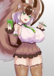 Rule 34 | 1girl, :3, :d, animal ear fluff, animal ears, bare shoulders, book, breasts, brown hair, commentary, cowboy shot, fang, green eyes, green necktie, grey background, highres, holding, holding book, holding pencil, huge breasts, large tail, looking away, mechanical pencil, monster girl encyclopedia, multicolored hair, nav (itsnav), necktie, open mouth, pencil, ratatoskr (monster girl encyclopedia), shirt, short hair, simple background, sleeveless, sleeveless shirt, smile, solo, squirrel ears, squirrel tail, tail, white hair, wing collar