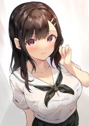 Rule 34 | 1girl, black neckerchief, black skirt, blush, bra, breasts, brown hair, calm mashiro, cleavage, closed mouth, collarbone, dutch angle, eyelashes, fingernails, from above, hair ornament, hairpin, hand up, large breasts, long hair, looking at viewer, neckerchief, original, parted bangs, pink background, pleated skirt, red eyes, sailor collar, school uniform, see-through, serafuku, shirt, short sleeves, sidelocks, signature, simple background, skirt, solo, standing, translated, underwear, uniform, white sailor collar, white shirt