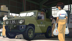 Rule 34 | 4girls, bag, black footwear, blouse, bob cut, brown hair, browning m2, car, cat, closed eyes, closed mouth, clothes around waist, clothes writing, dark-skinned female, dark skin, emblem, food, food in mouth, garage, girls und panzer, gloves, green eyes, grocery bag, gun, hand to own mouth, heavy machine gun, highres, holding, holding bag, hoshino (girls und panzer), indoors, jeep, jumpsuit, leaning forward, logo, long sleeves, looking at another, machine gun, mechanic, motor vehicle, mouth hold, multiple girls, nakajima (girls und panzer), ooarai (emblem), orange jumpsuit, pickup truck, popsicle, shadow, shirt, shoes, shopping bag, short hair, smile, standing, suzuki (company), suzuki (girls und panzer), suzuki jimny, t-shirt, tank top, tomboy, translated, truck, tsuchiya (girls und panzer), uniform, vehicle focus, weapon, white gloves, white shirt, winch, yamachan (niconico2951569)
