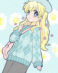 Rule 34 | 1girl, argyle cardigan, argyle clothes, bag, beret, blonde hair, blue eyes, blush stickers, cardigan, cordelia glauca, flower, flower-shaped pupils, hand on own chest, hat, long hair, long sleeves, looking at viewer, pants, shoulder bag, smile, solo, symbol-shaped pupils, tantei opera milky holmes, tsunoji