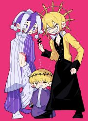 Rule 34 | 3boys, blonde hair, cell war, closed eyes, clothing cutout, delisaster, earrings, facial mark, famin (mashle), full body, grin, hat, highres, jacket, jester, jester cap, jewelry, long sleeves, mashle, middle finger, multicolored clothes, multiple boys, popped collar, short hair, siiii 6918, smile, striped clothes, tongue, tongue out, wide sleeves, yellow eyes, yellow jacket