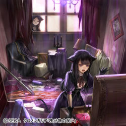 Rule 34 | 2girls, animal ears, black gloves, black hair, candlestand, chrono regalia, company name, curtains, drawing (object), dress, gloves, indoors, jewelry, kageco, kneeling, long hair, messy room, multiple girls, necklace, official art, open mouth, pectorals, puffy short sleeves, puffy sleeves, short sleeves, tail, unworn jewelry, unworn necklace, watermark, window