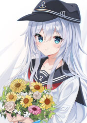 Rule 34 | 1girl, absurdres, anchor symbol, blue eyes, bouquet, collarbone, fathom, flat cap, flower, hat, hibiki (kancolle), highres, holding, holding bouquet, kantai collection, light smile, long hair, sailor collar, solo, white hair