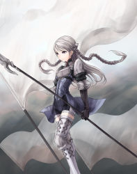 Rule 34 | 1girl, armor, artdink, boots, braid, flag, gloves, grey eyes, grey hair, kazuoki, long hair, polearm, ravness loxaerion, solo, spear, tactics ogre, thigh boots, thighhighs, twin braids, weapon