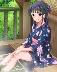 Rule 34 | 10s, 1girl, artist request, black hair, blue eyes, half updo, heart, idolmaster, idolmaster million live!, japanese clothes, kimono, long hair, looking at viewer, mogami shizuka, official art, partially submerged, smile, solo, steam