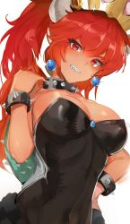 Rule 34 | 1girl, armlet, bowsette, bracelet, breasts, cleavage, collar, crown, dark-skinned female, dark skin, earrings, from below, glint, hand on own hip, highres, horns, jewelry, large breasts, mario (series), navel, new super mario bros. u deluxe, nintendo, ormille, personification, pointy ears, red eyes, red hair, shell, simple background, solo, spiked armlet, spiked bracelet, spiked collar, spiked shell, spikes, super crown, white background