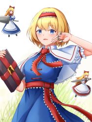 Rule 34 | 3girls, alice margatroid, apron, blonde hair, blue dress, blue eyes, book, bow, capelet, commentary, dress, english commentary, hair bow, hairband, hatoman (ytef4434), highres, holding, holding book, holding sword, holding weapon, hourai doll, lolita hairband, long hair, looking at viewer, multiple girls, open mouth, red bow, red dress, red hairband, shanghai doll, short hair, sword, touhou, upper body, weapon, white apron, white background, white capelet