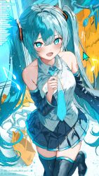 Rule 34 | 1girl, aqua eyes, aqua hair, aqua necktie, bag, bare shoulders, black footwear, black skirt, boots, clothes hanger, collared shirt, commentary, cursor, detached sleeves, eighth note, hatsune miku, highres, long hair, looking at viewer, musical note, necktie, open mouth, pixiv id, pleated skirt, shirt, shirubaa, shopping bag, skirt, slippers, solo, spaghetti strap, thigh boots, twintails, twitter username, vocaloid, white shirt