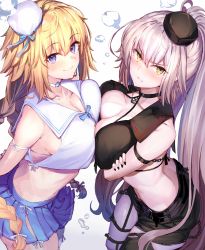 Rule 34 | 2girls, arm strap, black collar, black headwear, black nails, black shorts, blonde hair, blue eyes, blue skirt, blush, breasts, butt crack, choker, cleavage, collar, commentary request, crossed legs, docking, fate/grand order, fate (series), from above, grey hair, highres, jeanne d&#039;arc (fate), jeanne d&#039;arc alter (fate), large breasts, long hair, looking at viewer, looking up, miniskirt, multiple girls, nail polish, ninoude (ninoude44), pleated skirt, ponytail, short shorts, shorts, skirt, smile, thigh strap, white background, white choker, white headwear, yellow eyes