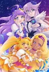 Rule 34 | 4girls, :d, ahoge, aizen (syoshiyuki), amamiya elena, black choker, blonde hair, blue eyes, blue flower, blue rose, blunt bangs, bow, brooch, choker, circlet, closed mouth, cloud, collarbone, color connection, crescent, crescent earrings, crop top, cure moonlight, cure selene, cure soleil, cure sunshine, dress, earrings, elbow gloves, flower, frills, gloves, hair between eyes, hair bow, hair color connection, hair flower, hair ornament, hair tubes, hand on own face, heart, heart brooch, heartcatch precure!, highres, holding hands, jewelry, kaguya madoka, long hair, looking at viewer, magical girl, midriff, multiple girls, myoudouin itsuki, night, night sky, open mouth, orange choker, orange dress, orange skirt, power connection, precure, puffy sleeves, purple bow, purple choker, purple dress, purple gloves, purple hair, ribbon choker, rose, see-through, sidelocks, single elbow glove, skirt, sky, smile, sparkle, star (sky), star (symbol), star hair ornament, star twinkle precure, starry sky, swept bangs, symmetry, tan, trait connection, tsukikage yuri, twintails, wrist cuffs, yellow eyes