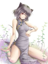 Rule 34 | 1girl, animal ears, bad id, bad pixiv id, barefoot, china dress, chinese clothes, dress, female focus, grey hair, highres, mochi.f, mouse (animal), mouse ears, mouse tail, nazrin, one eye closed, red eyes, short hair, smile, solo, tail, touhou
