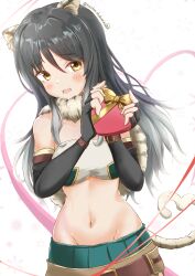 Rule 34 | 1girl, absurdres, animal ear fluff, animal ears, bandeau, bare shoulders, belt, black gloves, black hair, blush, box, breasts, brown belt, capelet, chokomin, collarbone, commentary request, cowboy shot, elbow gloves, fingerless gloves, fur capelet, gift, gift box, gloves, gradient hair, green skirt, groin, hair between eyes, heart, heart-shaped box, heart tail, highres, holding, holding gift, long hair, looking at viewer, medium breasts, midriff, miniskirt, multicolored hair, navel, open mouth, princess connect!, shiori (princess connect!), sidelocks, skirt, solo, standing, striped tail, tail, tiger ears, tiger girl, tiger tail, twitter username, valentine, white background, yellow eyes