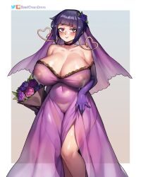 Rule 34 | 1girl, absurdres, alternate breast size, bare shoulders, blush, boku no hero academia, bouquet, breasts, bridal gauntlets, choker, cleft of venus, clothes lift, collarbone, curvy, dress, flower, gloves, hair ornament, heart, heart-shaped pupils, highres, huge breasts, jirou kyouka, lactation, lactation through clothes, large areolae, looking at viewer, navel, nipples, plump, purple dress, purple hair, purple veil, pussy, see-through, see-through skirt, short hair, skirt, skirt lift, smile, solo, stomach, suavi-cream, symbol-shaped pupils, thighs, twitter username, wide hips