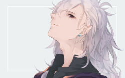 Rule 34 | 1boy, black shirt, earrings, fate/grand order, fate (series), hair between eyes, hair over one eye, jewelry, long hair, looking at viewer, male focus, merlin (camelot &amp; co) (fate), merlin (fate), official alternate costume, outside border, portrait, profile, purple eyes, purple scarf, scarf, shiomemo, shirt, smile, solo, upper body, white background