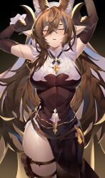 Rule 34 | 1girl, absurdres, arms up, breasts, brown dress, brown hair, closed eyes, detached sleeves, dress, galleon (granblue fantasy), gradient background, granblue fantasy, highres, horns, ktr (tpun2553), large breasts, long hair, pointy ears, pouch, thigh pouch