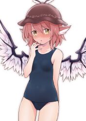 Rule 34 | 1girl, animal ears, arm behind back, bare arms, bare shoulders, bird ears, bird wings, black one-piece swimsuit, blue nails, blush, breasts, brown eyes, brown hat, collarbone, commentary, commission, cowboy shot, feathered wings, groin, hair between eyes, hat, highres, looking at viewer, medium hair, mystia lorelei, nail polish, old school swimsuit, one-piece swimsuit, open mouth, pink hair, school swimsuit, simple background, skeb commission, small breasts, solo, swimsuit, touhou, white background, winged hat, wings, yutamaro