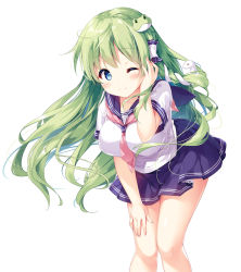 Rule 34 | 1girl, ;), alternate costume, blue eyes, blue skirt, blush, breasts, commentary request, feet out of frame, frog hair ornament, green hair, hair ornament, hair tubes, hand up, kochiya sanae, large breasts, leaning forward, long hair, looking at viewer, miniskirt, miyase mahiro, one eye closed, pleated skirt, red neckwear, sailor collar, school uniform, serafuku, short sleeves, simple background, skirt, smile, snake hair ornament, solo, standing, thighs, touhou, white background