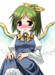 Rule 34 | 1girl, blush, bow, breasts, clothes lift, cropped, daiyousei, embarrassed, female focus, green hair, hair bow, hair ribbon, long hair, long sleeves, resized, ribbon, side ponytail, skirt, skirt lift, solo, sweatdrop, touhou, wings, you naka