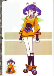 Rule 34 | 1girl, ankle boots, black gloves, blush, boots, breasts, fingerless gloves, full body, game arts, gloves, grandia, grandia ii, highres, kanoe youshi, looking at viewer, official art, pantyhose, purple eyes, purple hair, scan, standing, tio (grandia), twintails, white pantyhose